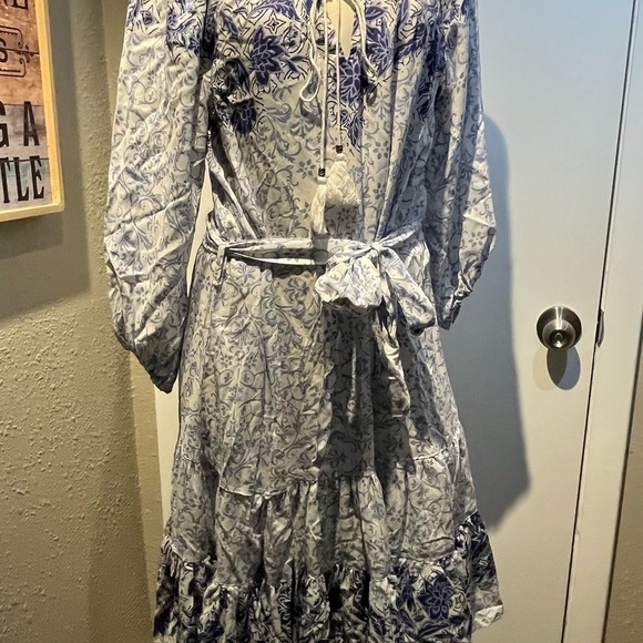 Boho blue dress nwt by nostalgia midi dress belted waist - Picture 11 of 15